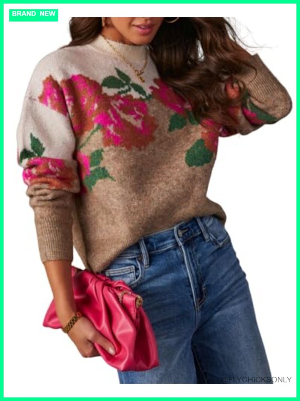 Women's Long Sleeve Crew Neck Rose Print Pullover Sweater Knit Top